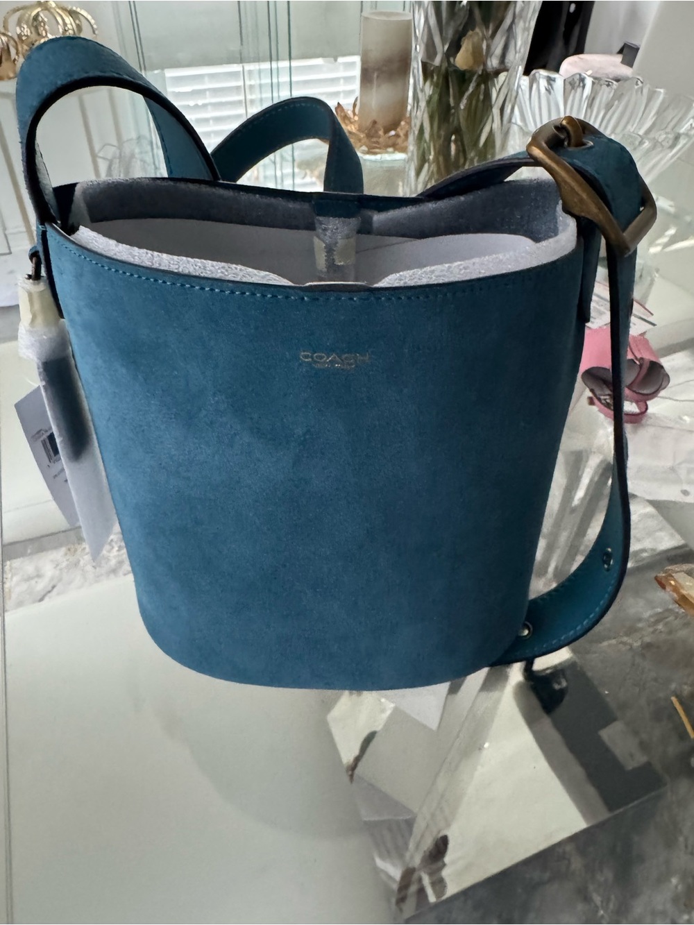 Coach Teal Pebbled Leather Crossbody Bucket Bag with Gold Hardware